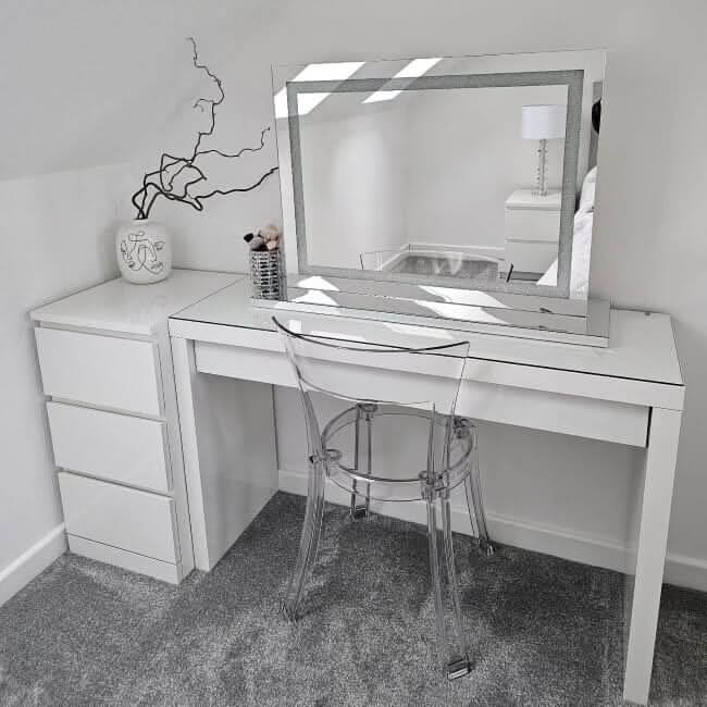 Modern Pro Mirror on a White Dressing Table with a Transparent Chair and Stylish Decor