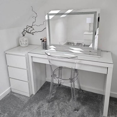 Modern Pro Mirror on a White Dressing Table with a Transparent Chair and Stylish Decor