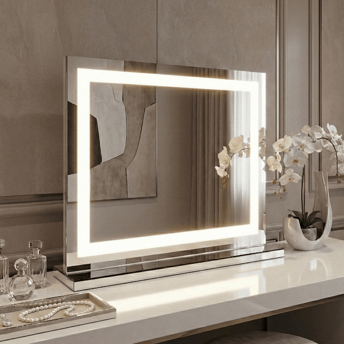 Pro Mirror with LED lights, sleek design, perfect for makeup and grooming on a vanity table