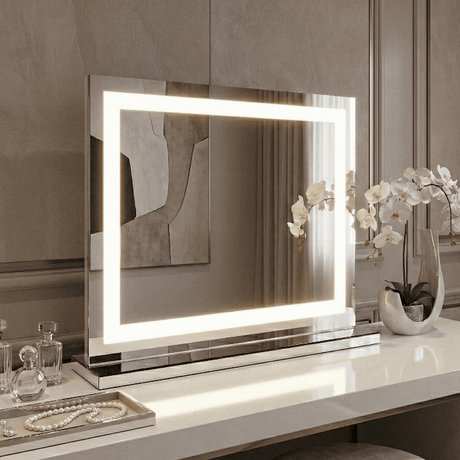 Pro Mirror with LED lights, sleek design, perfect for makeup and grooming on a vanity table