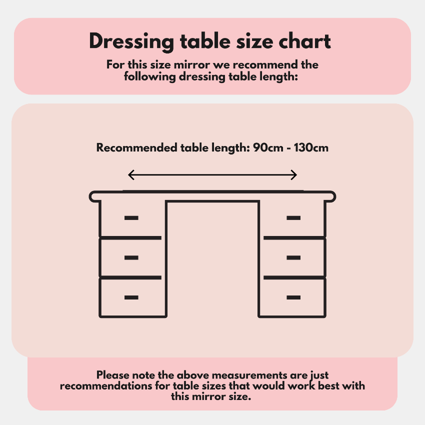 Dressing table size chart for Hollywood Mirror, recommending table length of 90cm to 130cm
