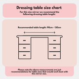 Dressing table size chart for Hollywood Mirror, recommending table length of 90cm to 130cm