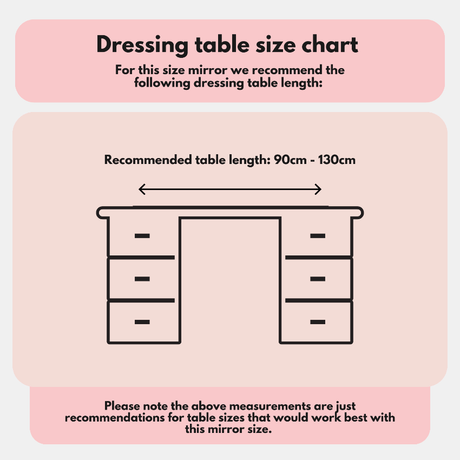 Dressing table size chart for Hollywood Mirror, recommending table length of 90cm to 130cm