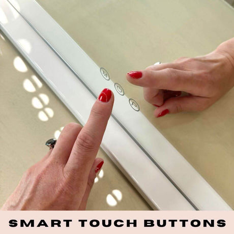 Close-up of a Hollywood Mirror with smart touch buttons for easy lighting control