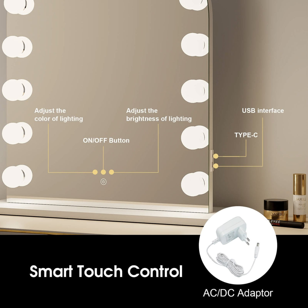Hollywood Mirror with Smart Touch Control for adjustable lighting colour and brightness