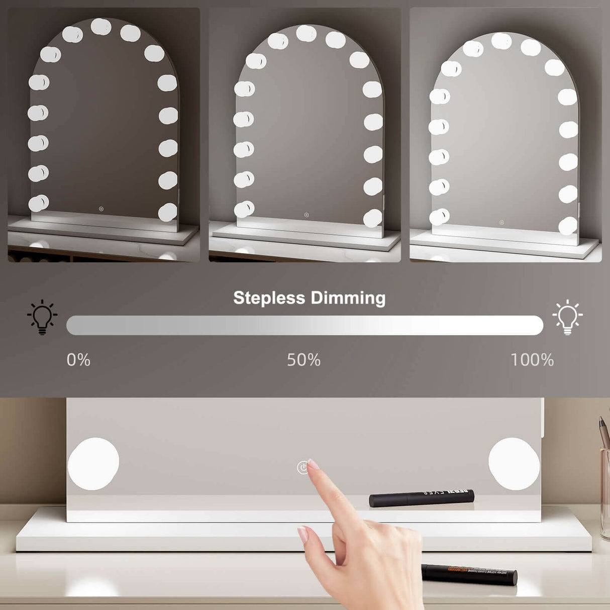 Hollywood Mirror with stepless dimming feature and bright LED lights for versatile lighting