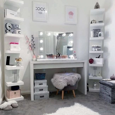 Elegant Hollywood Mirror on a stylish vanity for perfect makeup application and elegant room decor