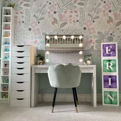 Elegant Hollywood Mirror with Glamorous Lights above a White Dressing Table in a Stylish Bedroom