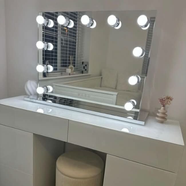 Hollywood Mirror with Bright LED Lights on a Stylish Vanity Table for Perfect Make-up Application