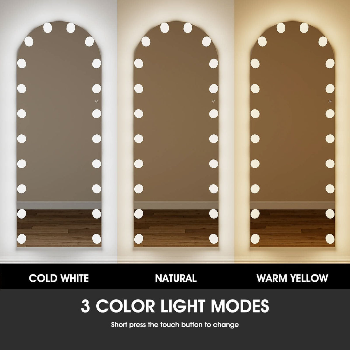 Hollywood Mirror with three colour light modes: cold white, natural, and warm yellow for versatile lighting options