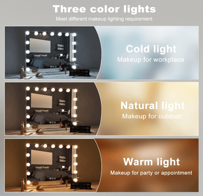 Hollywood Mirror with three colour light options for versatile makeup applications at home