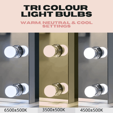 Tri Colour Light Bulbs for Hollywood Mirror in Warm, Neutral, and Cool Settings