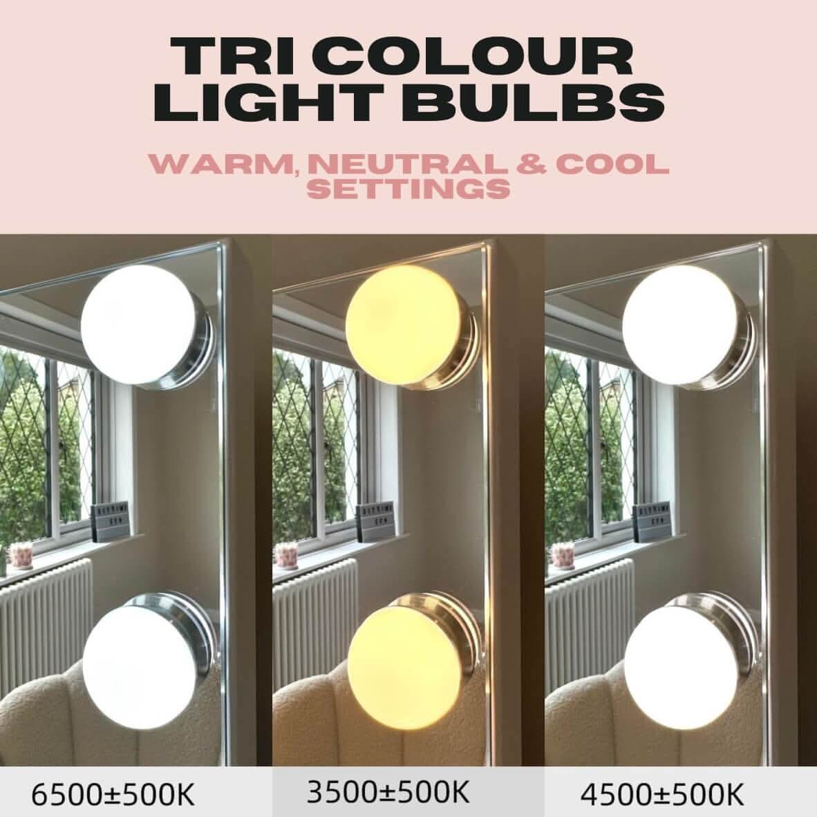 Hollywood Mirror with Tri Colour Light Bulbs offering Warm, Neutral and Cool Settings for Versatile Lighting