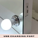 Hollywood Mirror with USB charging port and stylish light bulb for modern makeup routines
