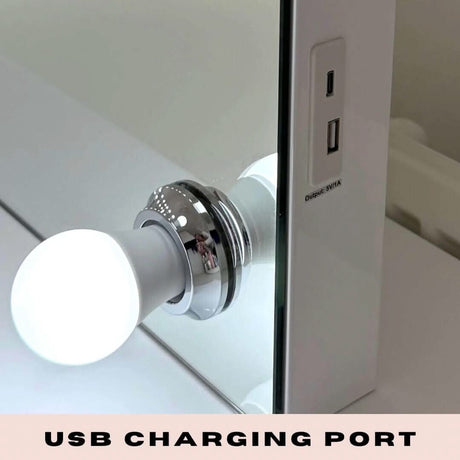 Hollywood Mirror with USB charging port and stylish light bulb for modern makeup routines