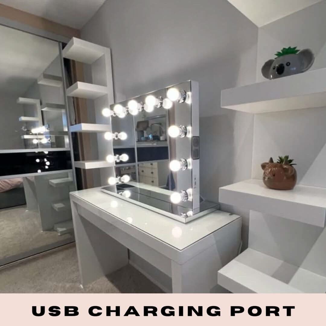 Hollywood Mirror with bright LED lights and USB charging port on a stylish vanity table