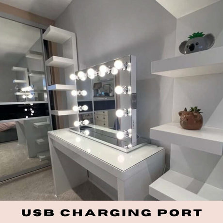 Hollywood Mirror with bright LED lights and USB charging port on a stylish vanity table