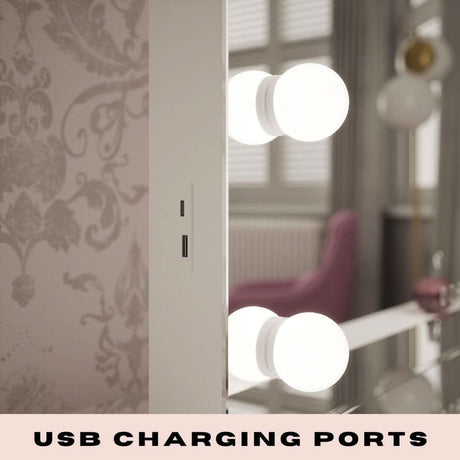 Hollywood Mirror with integrated USB charging ports for convenient device charging