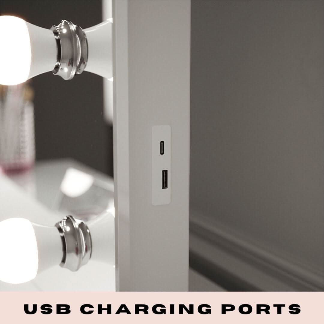 Hollywood Mirror with USB charging ports for convenient mobile device charging