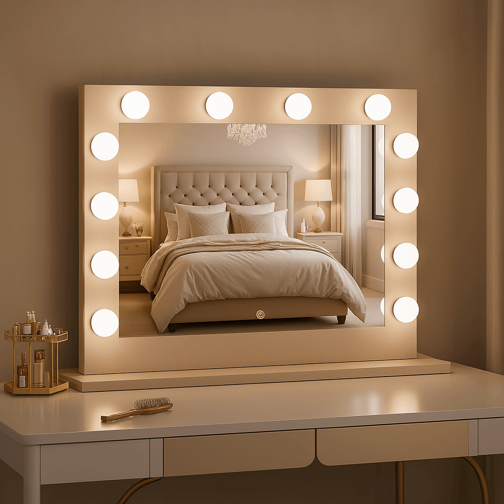 Elegant Hollywood Mirror with Bright LED Lights, ideal for bedroom glamour and make-up applications