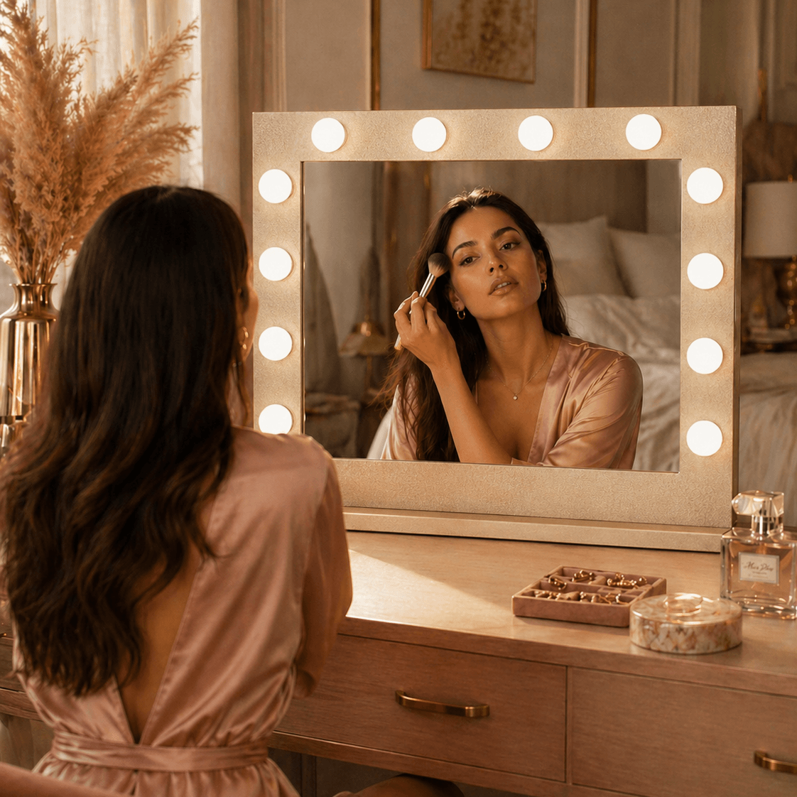 Elegant Hollywood Mirror with LED bulbs reflecting a woman applying makeup in a chic bedroom