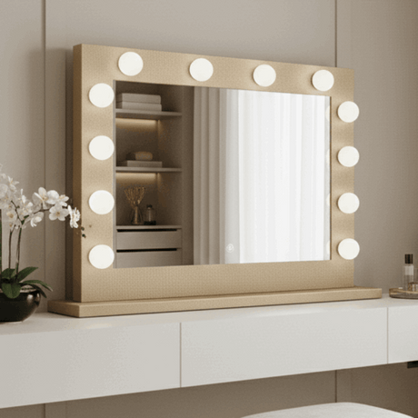 Stylish Hollywood Mirror with bright circular lights and a sleek design for elegant makeup application