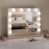 Hollywood Mirror with LED Bulbs on a Dressing Table in a Chic Bedroom Setting