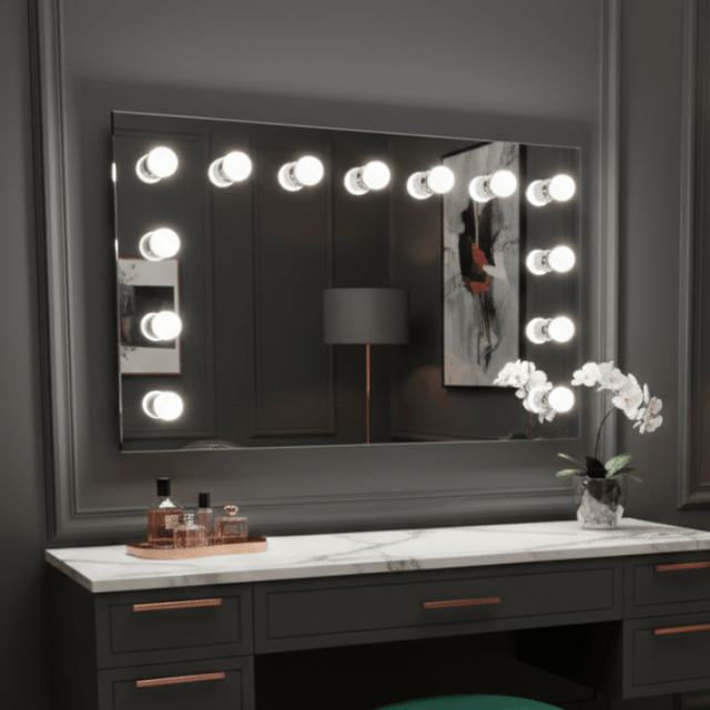 Spacious Hollywood Mirror with Bright Bulbs, Complementing Stylish Vanity and Modern Decor