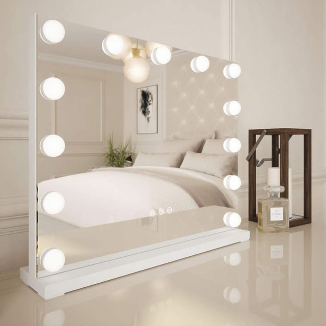 Large Hollywood Mirror with round bulbs, perfect for makeup application in any modern bedroom