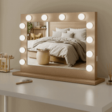 Elegant Hollywood Mirror with bright bulbs, perfect for makeup and grooming in chic bedroom decor