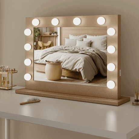 Elegant Hollywood Mirror with bright bulbs, perfect for makeup and grooming in chic bedroom decor