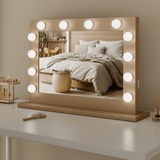 Elegant Hollywood Mirror with bright bulbs, perfect for makeup and grooming in chic bedroom decor