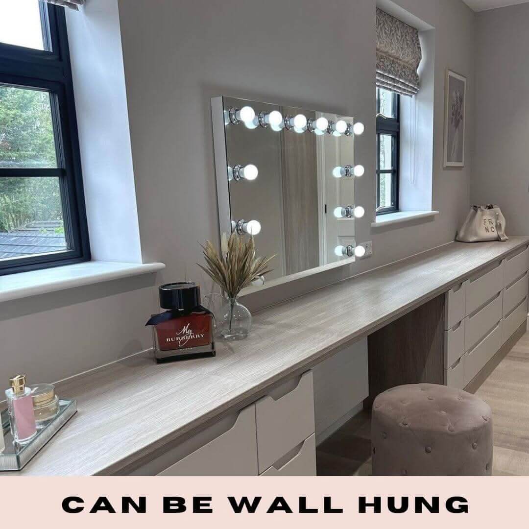 Stylish Hollywood Mirror with LED Bulbs, perfect for wall hanging in a modern vanity setup