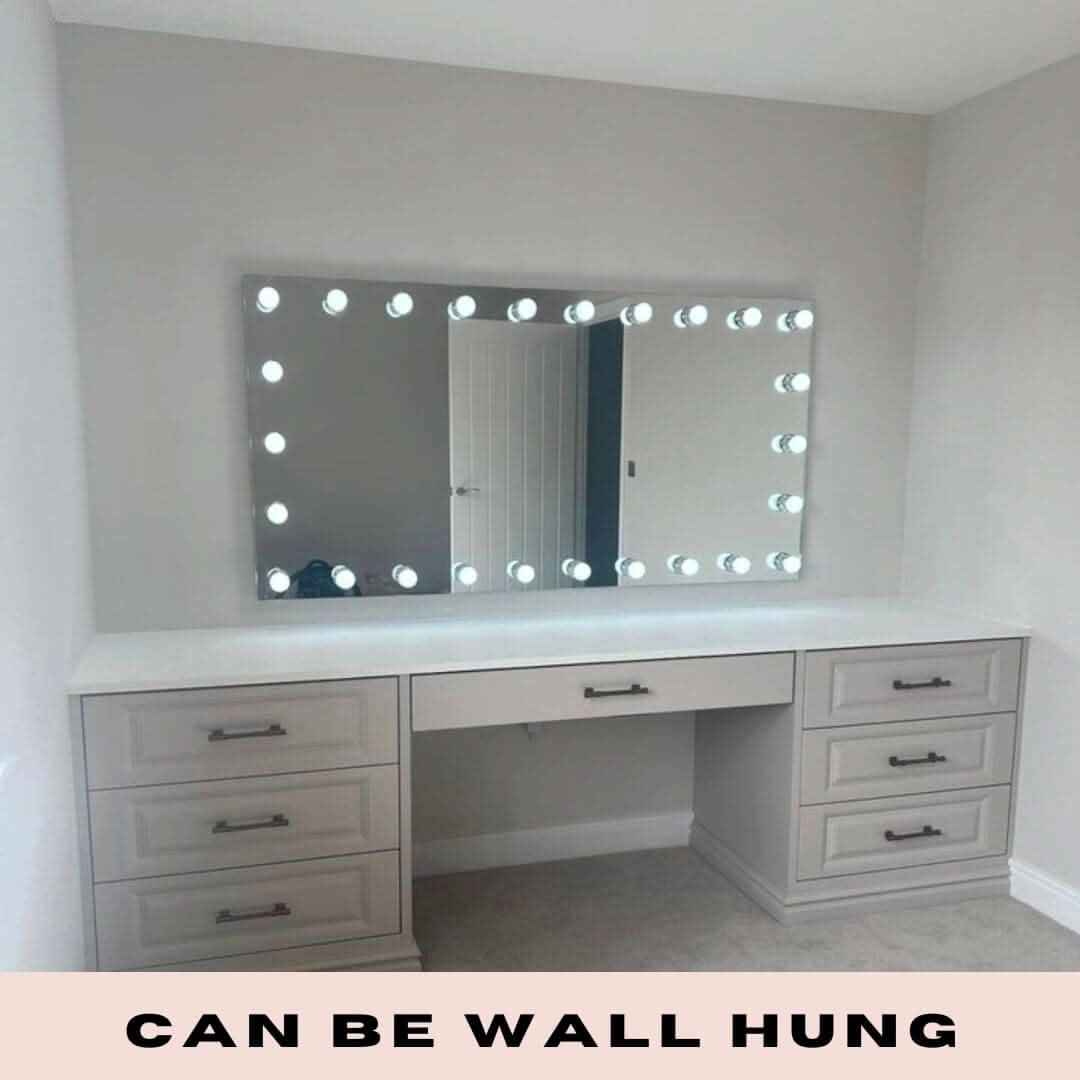 Hollywood Mirror with Bright LED Lights, Wall Hung Above Stylish Vanity Table with Drawers