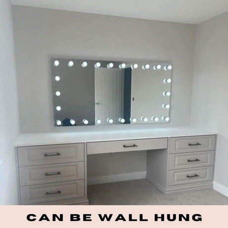 Hollywood Mirror with Bright LED Lights, Wall Hung Above Stylish Vanity Table with Drawers