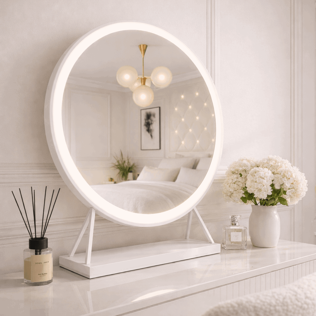 Stylish Hollywood Mirror with LED lighting, perfect for modern bedroom decor and makeup application