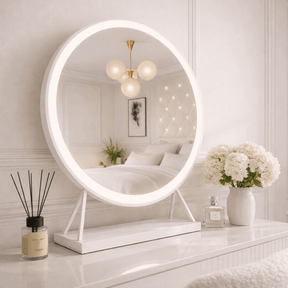 Stylish Hollywood Mirror with LED lighting, perfect for modern bedroom decor and makeup application