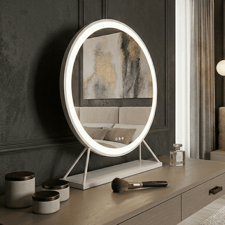 Stylish Hollywood Mirror with LED lights on a sleek vanity table for modern interiors