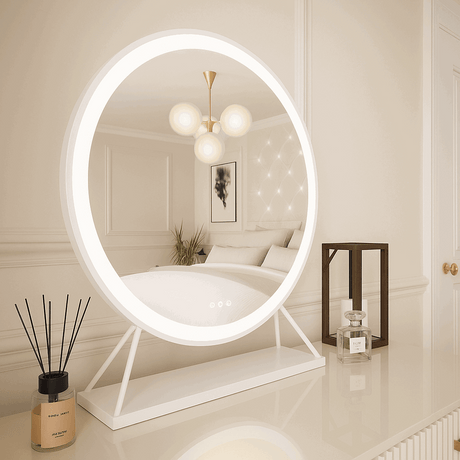 Hollywood Mirror with LED Light Ring and Modern Stand for Glamorous Home Decor