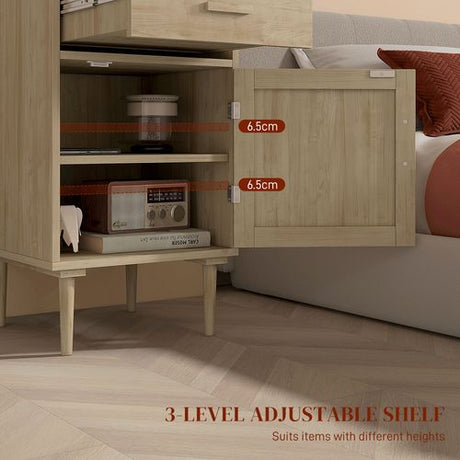 HOMCOM Bedside Table with Rattan Drawer, Cabinet and Adjustable Shelf, Natural HOMCOM