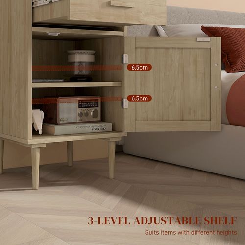 HOMCOM Bedside Table with Rattan Drawer, Cabinet and Adjustable Shelf, Natural HOMCOM