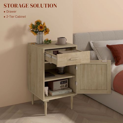 HOMCOM Bedside Table with Rattan Drawer, Cabinet and Adjustable Shelf, Natural HOMCOM