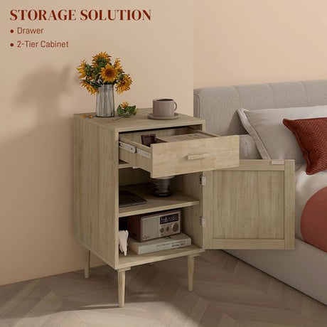 HOMCOM Bedside Table with Rattan Drawer, Cabinet and Adjustable Shelf, Natural HOMCOM