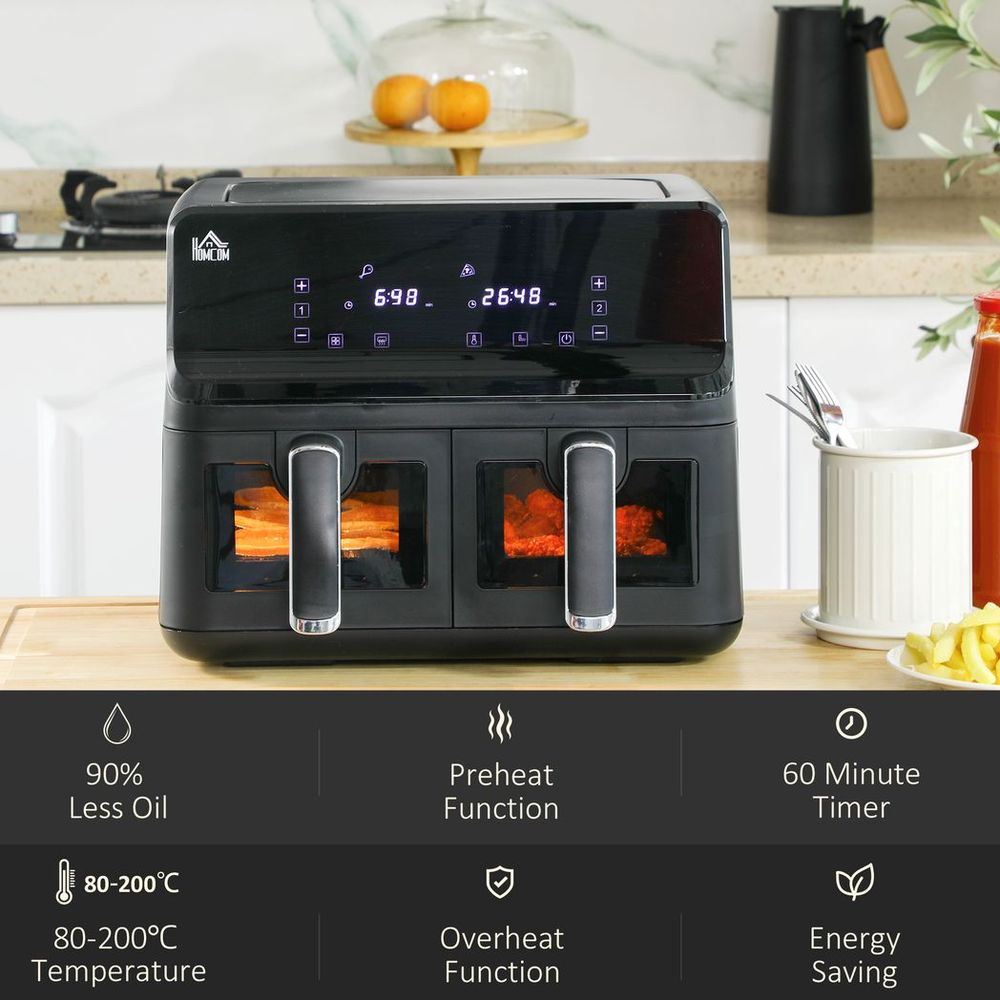Dual Air Fryer 8L Family Size With 2 Basket 8 Presets Cookbook Timer 2500W HOMCOM