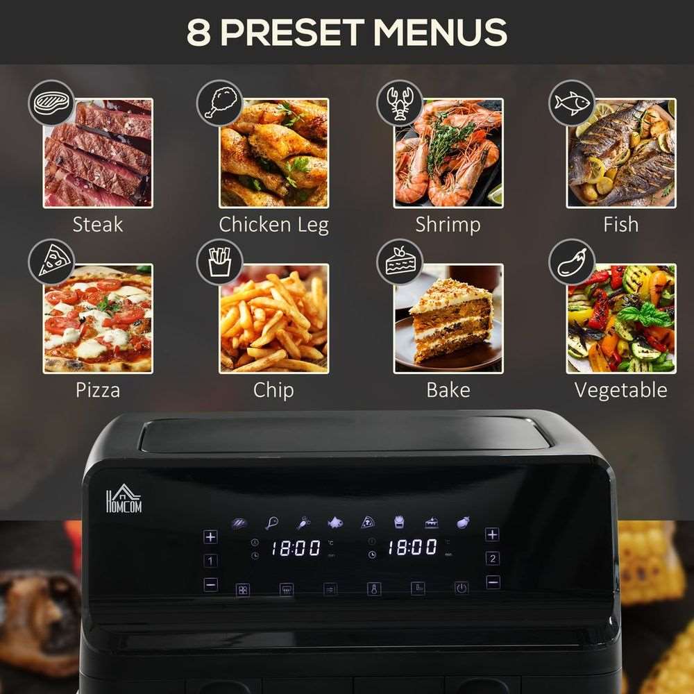 Dual Air Fryer 8L Family Size With 2 Basket 8 Presets Cookbook Timer 2500W HOMCOM
