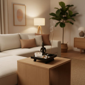Buddha Ornament on a wooden coffee table with an incense holder and a plant in a modern living room