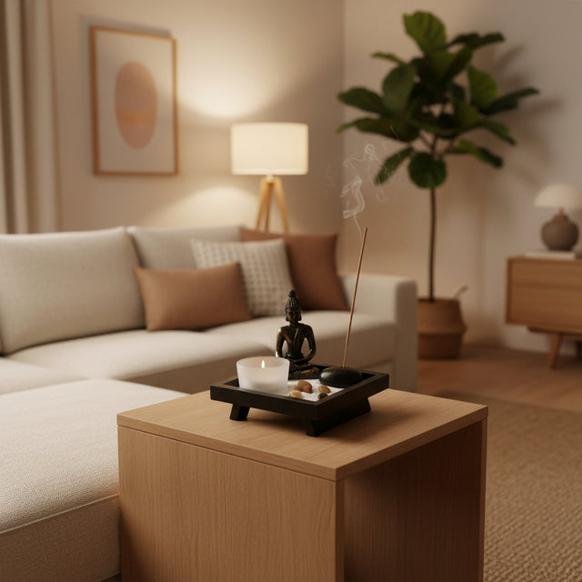 Buddha Ornament on a wooden coffee table with an incense holder and a plant in a modern living room