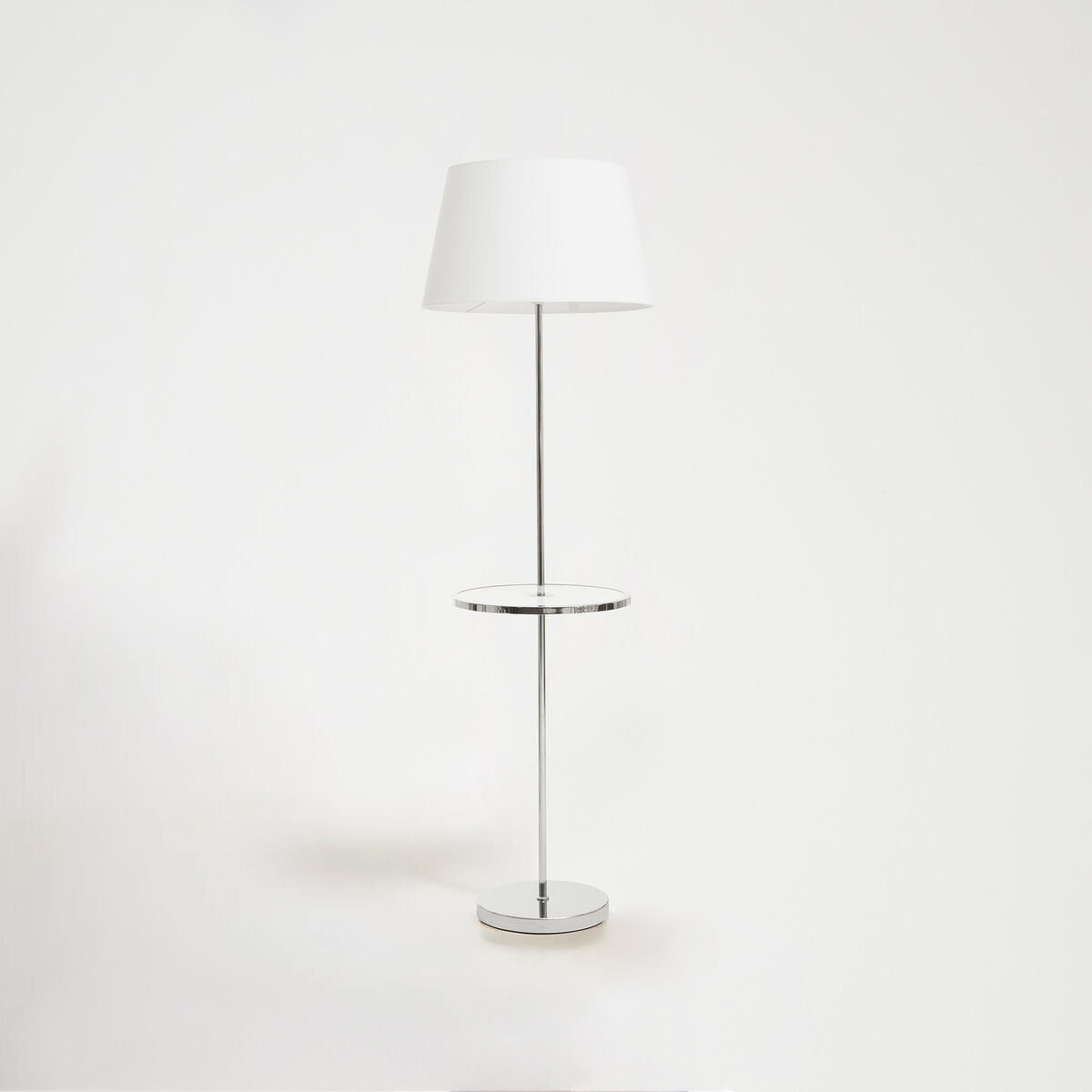 Orsina Floor Lamp with White Shade and Chrome Base, featuring a modern design with a built-in side table