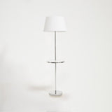 Orsina Floor Lamp with White Shade and Chrome Base, featuring a modern design with a built-in side table