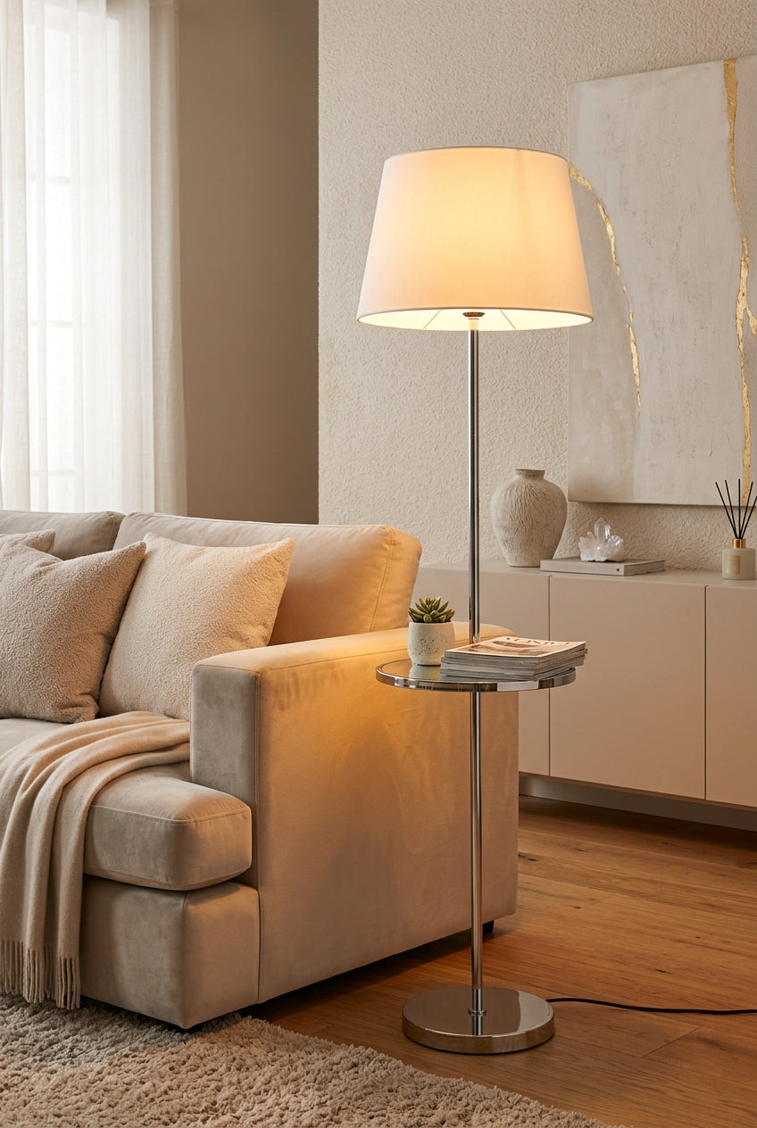 Orsina Floor Lamp with Marble Side Table and Soft White Shade for Stylish Living Rooms